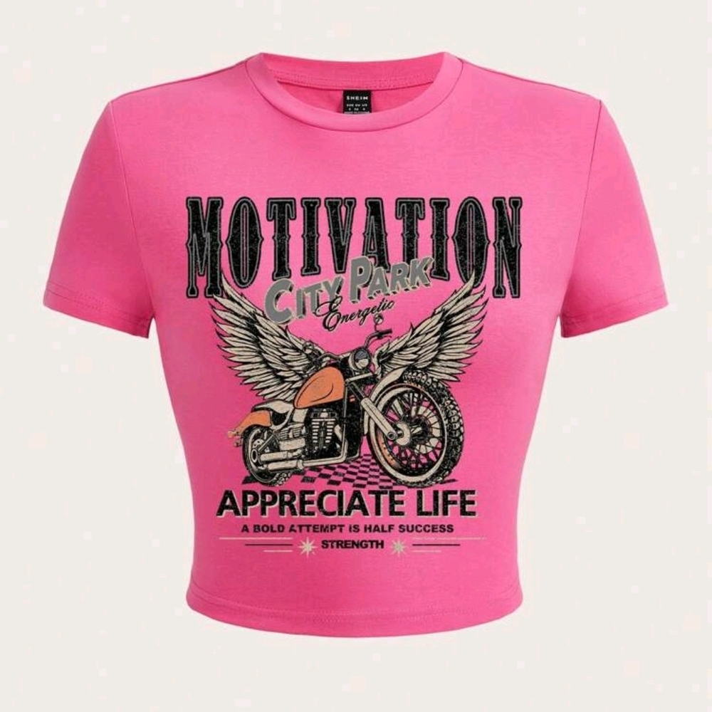 Pink Graphic Tee with Motorcycle Design Small Barbiecore